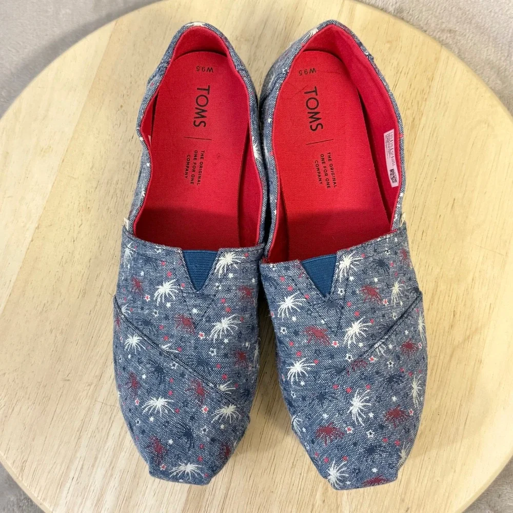 TOMS Womens 9.5 Blue Firework Patriotic Fourth of July Alpargata Slip On Shoes